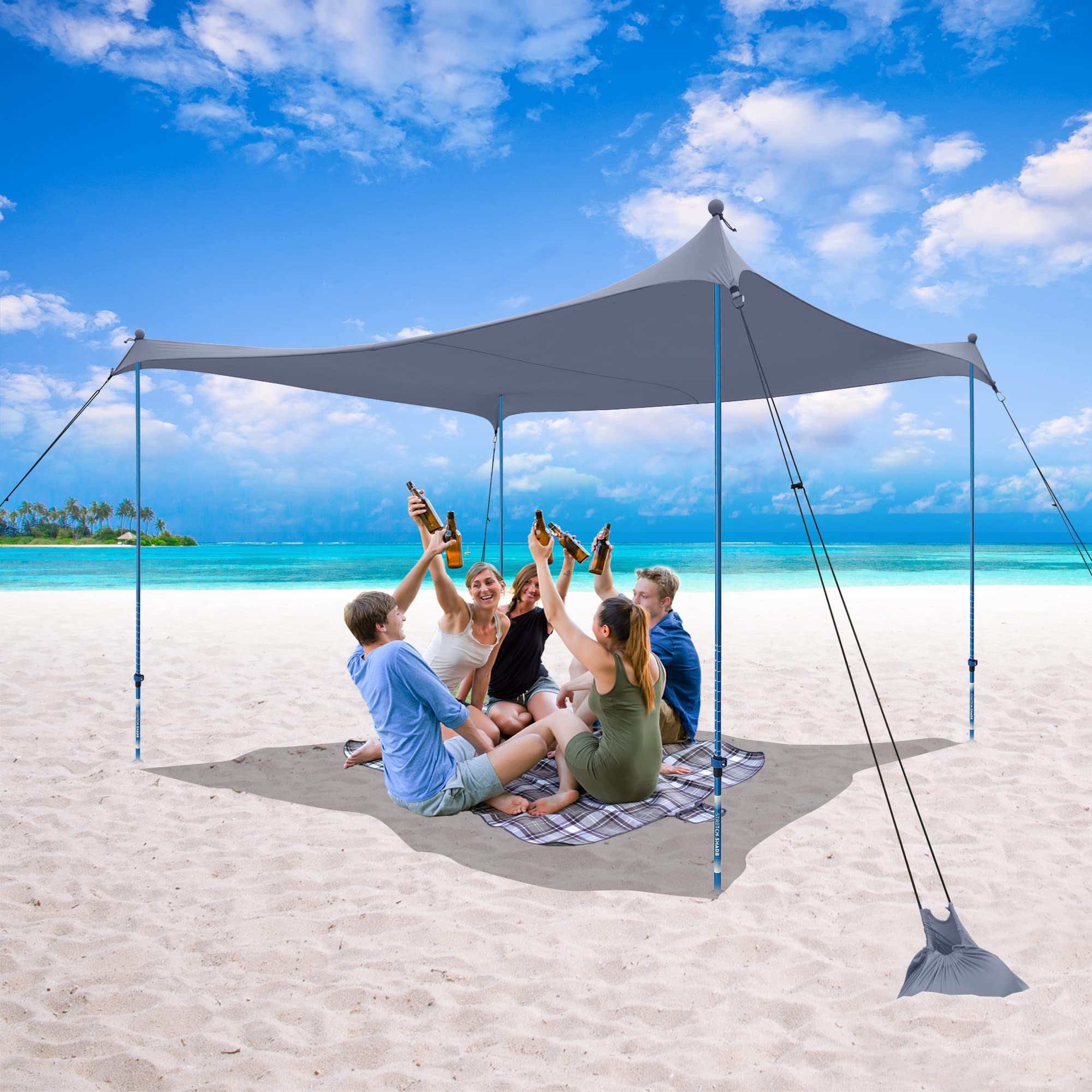 10x10 Beach Sun Shelter - Sand Shovel, Telescoping Poles, Ground Pegs - BT100, BT49