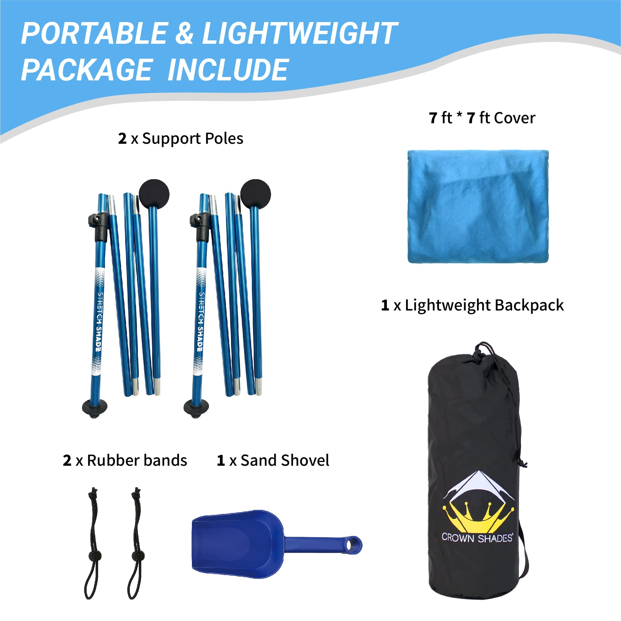 10x10 Beach Sun Shelter - Sand Shovel, Telescoping Poles, Ground Pegs - BT100, BT49