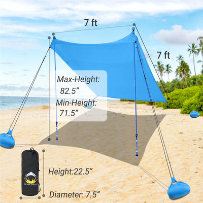 10x10 Beach Sun Shelter - Sand Shovel, Telescoping Poles, Ground Pegs - BT100, BT49