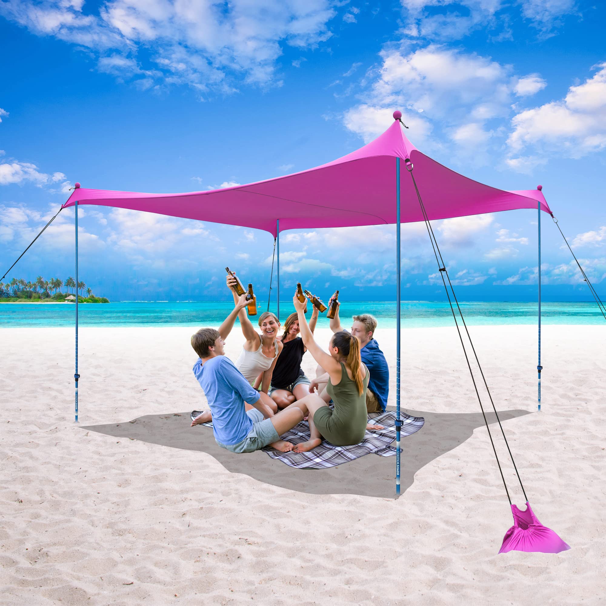 10x10 Beach Sun Shelter - Sand Shovel, Telescoping Poles, Ground Pegs - BT100, BT49