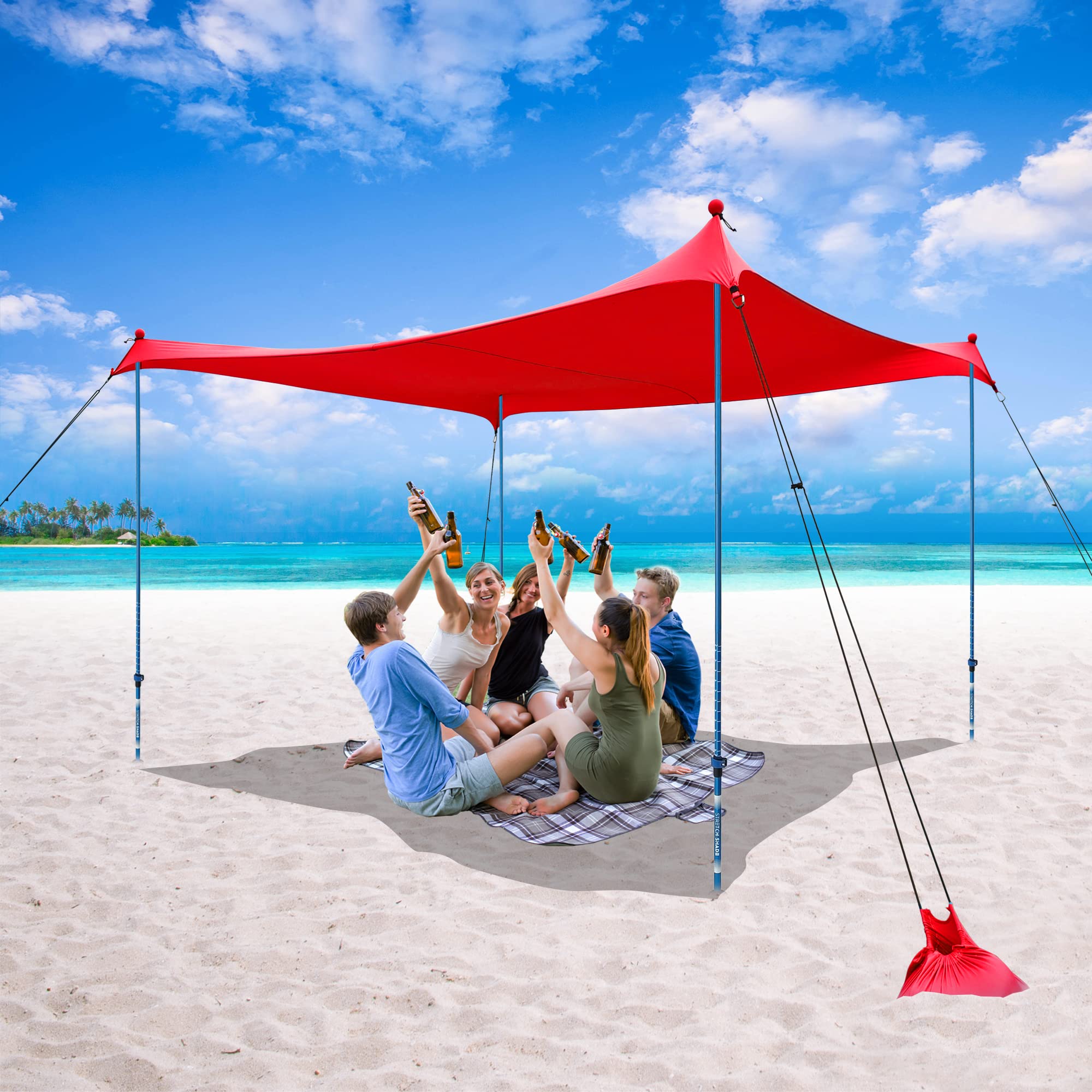 10x10 Beach Sun Shelter - Sand Shovel, Telescoping Poles, Ground Pegs - BT100, BT49