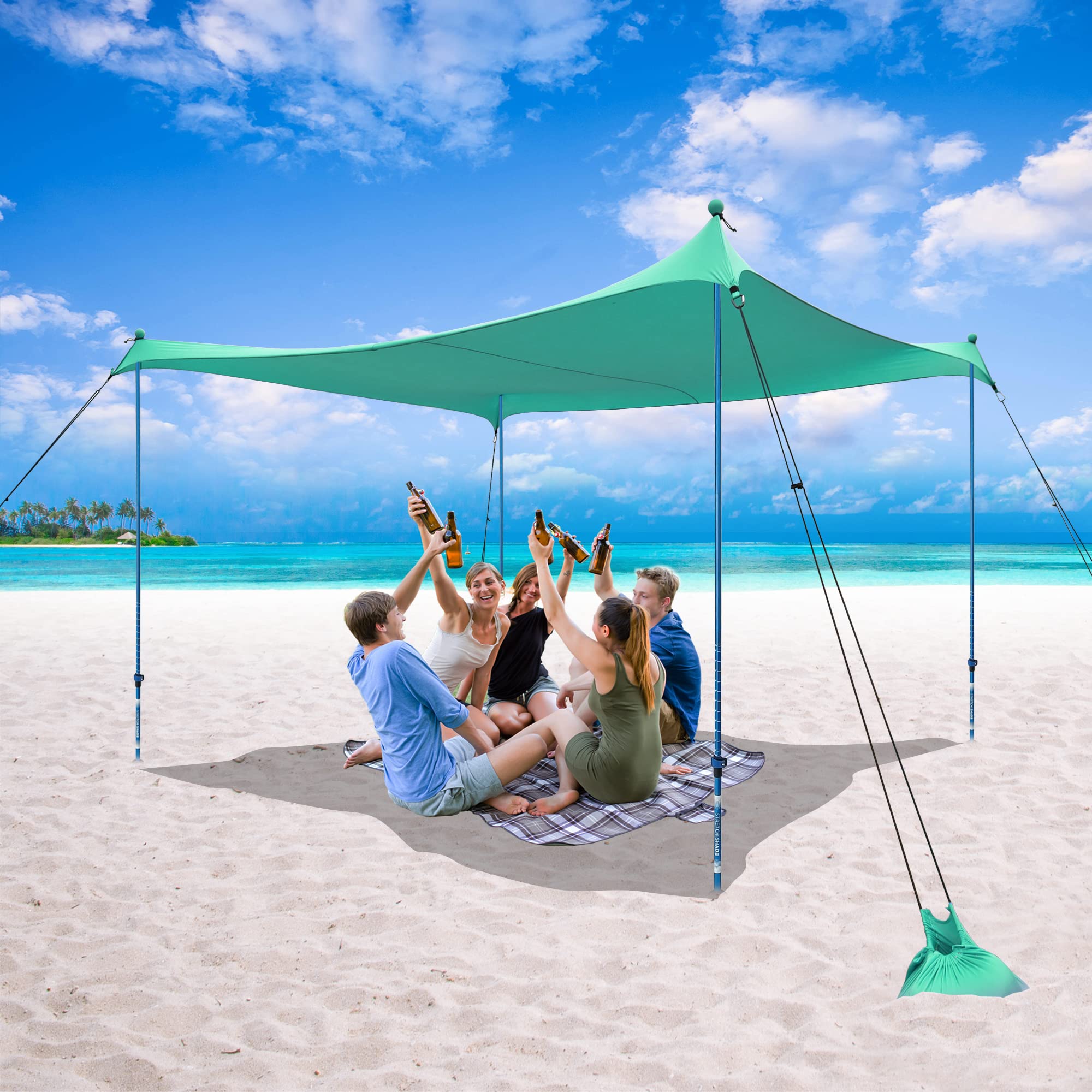 10x10 Beach Sun Shelter - Sand Shovel, Telescoping Poles, Ground Pegs - BT100, BT49