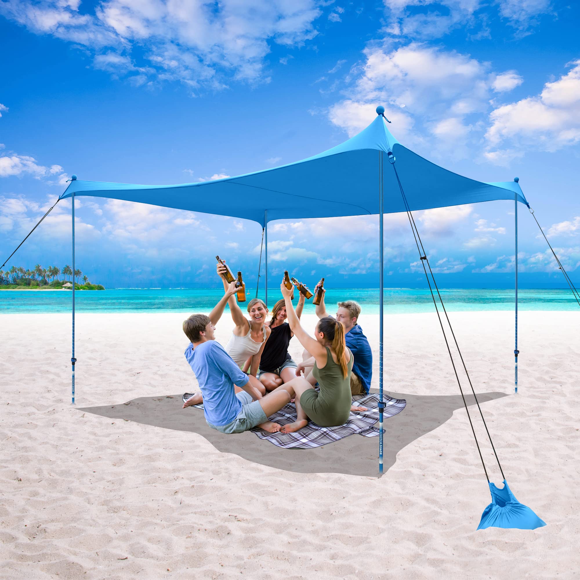 10x10 Beach Sun Shelter - Sand Shovel, Telescoping Poles, Ground Pegs - BT100, BT49