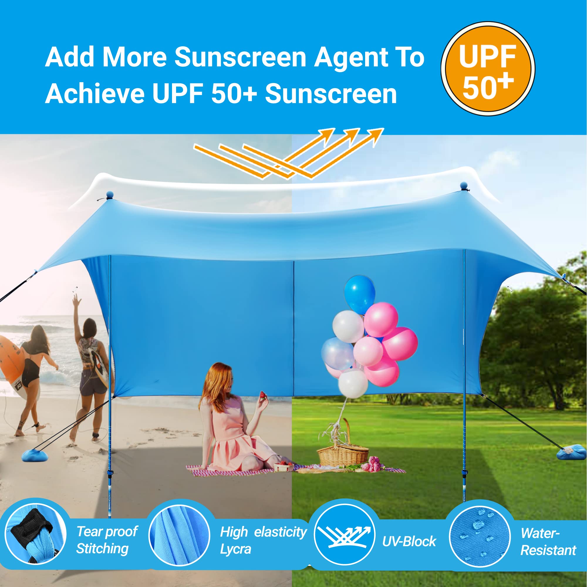 10x10 Beach Sun Shelter - Sand Shovel, Telescoping Poles, Ground Pegs - BT100, BT49