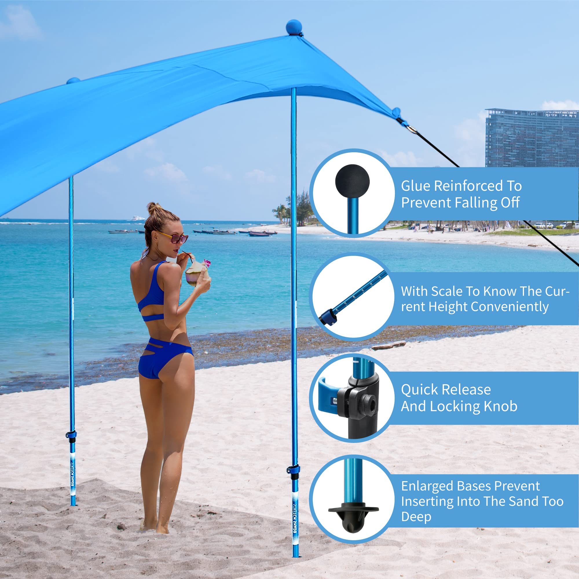 10x10 Beach Sun Shelter - Sand Shovel, Telescoping Poles, Ground Pegs - BT100, BT49