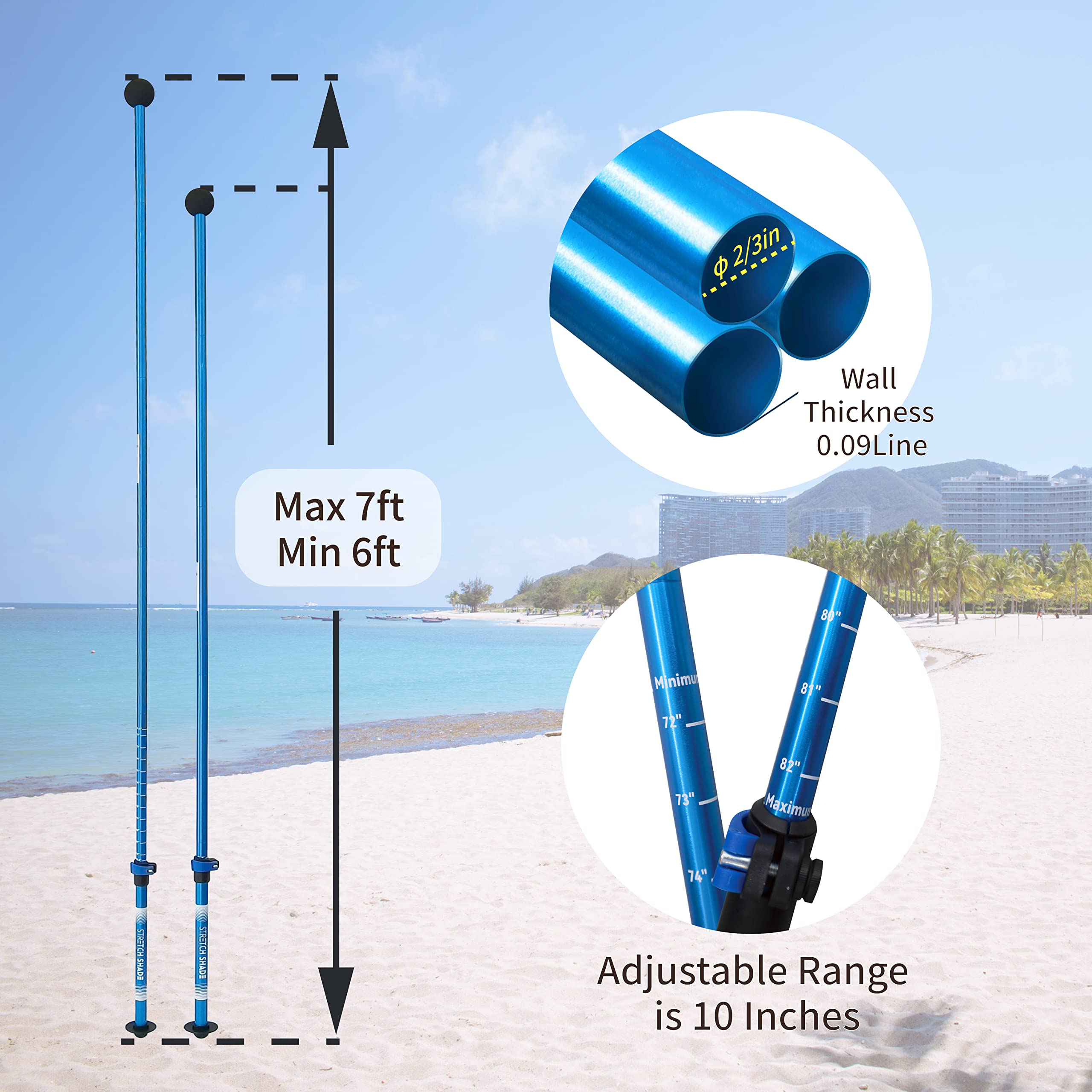 10x10 Beach Sun Shelter - Sand Shovel, Telescoping Poles, Ground Pegs - BT100, BT49