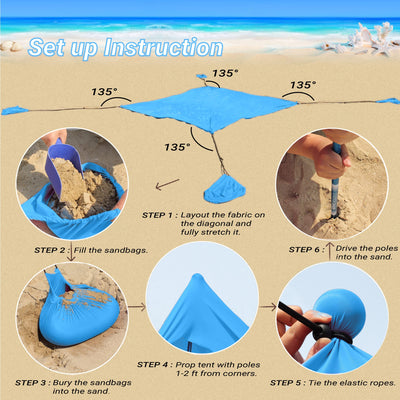10x10 Beach Sun Shelter - Sand Shovel, Telescoping Poles, Ground Pegs - BT100, BT49